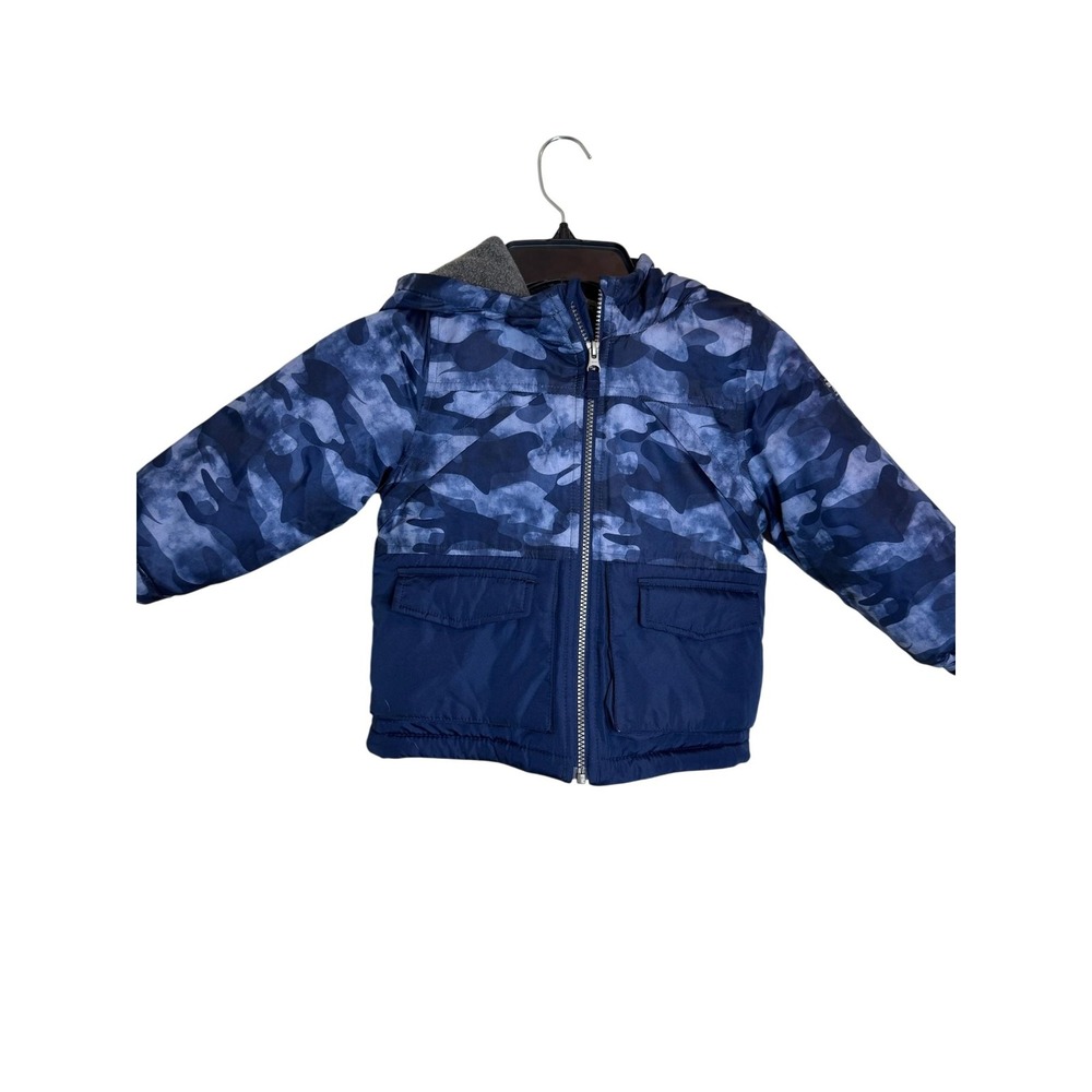 OshKosh B'gosh Kids Puffer Jacket 3T Blue Camo Hooded Winter Coat Warm Lined